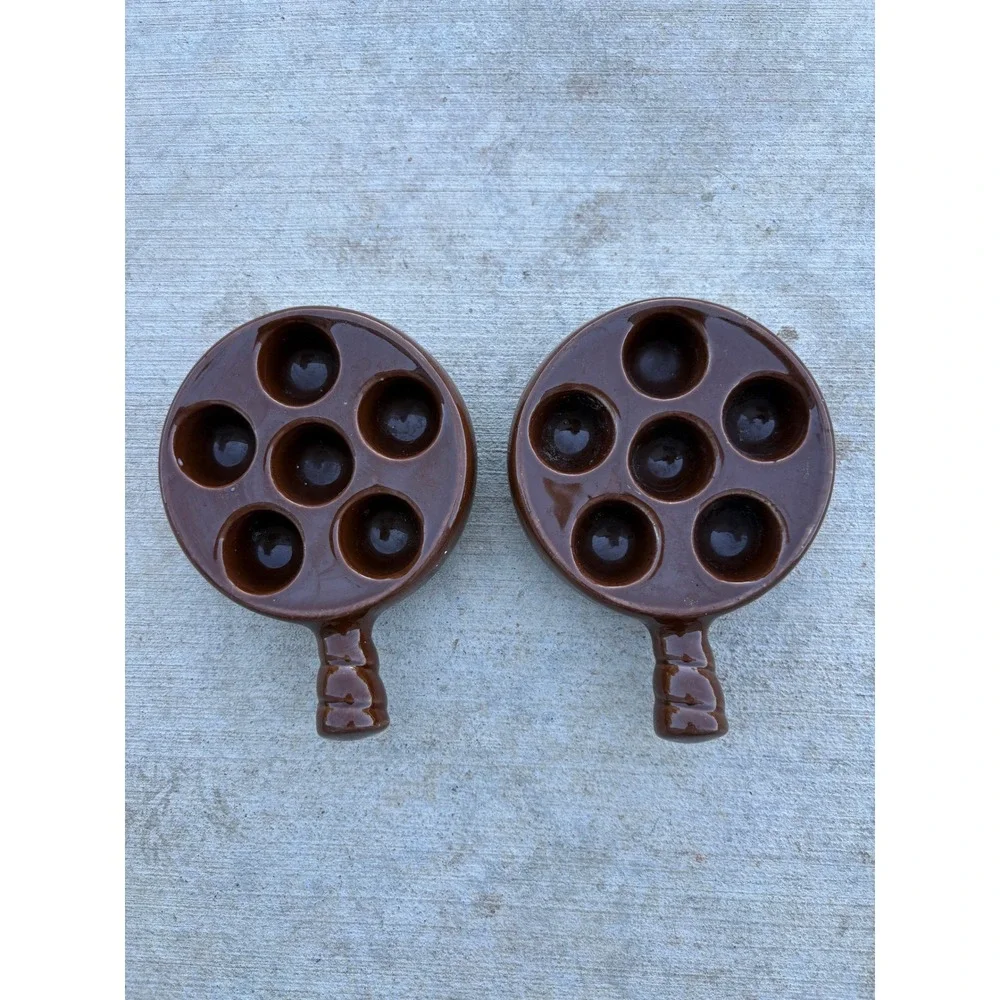 Vintage Brown Ceramic Escargot Dishes Set Snail Baking Plates 6-Hole MCM Retro‎